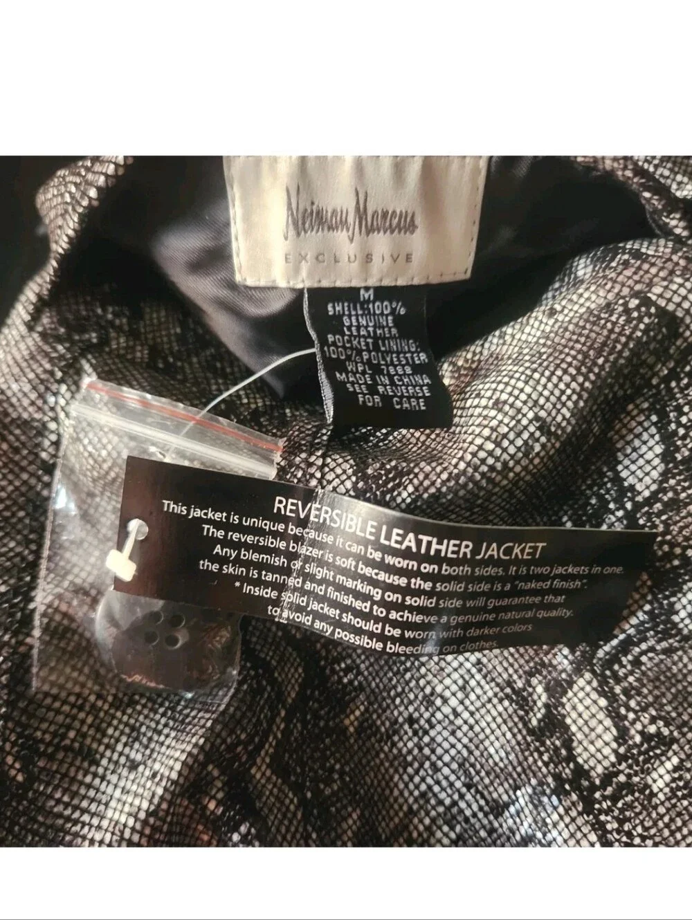 NEIMAN MARCUS Reversible Leather Jacket NWT! Sz M Matte Black Shiny Snakeskin
